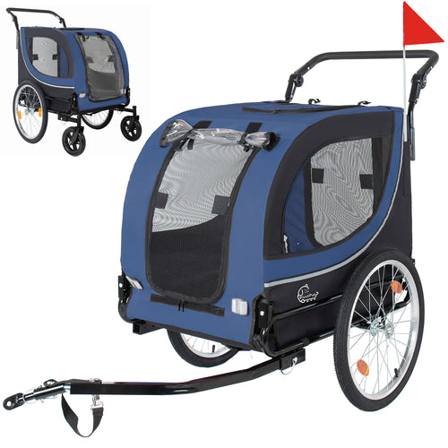 Blue and black pet stroller or bike trailer with a red flag left side and also right side