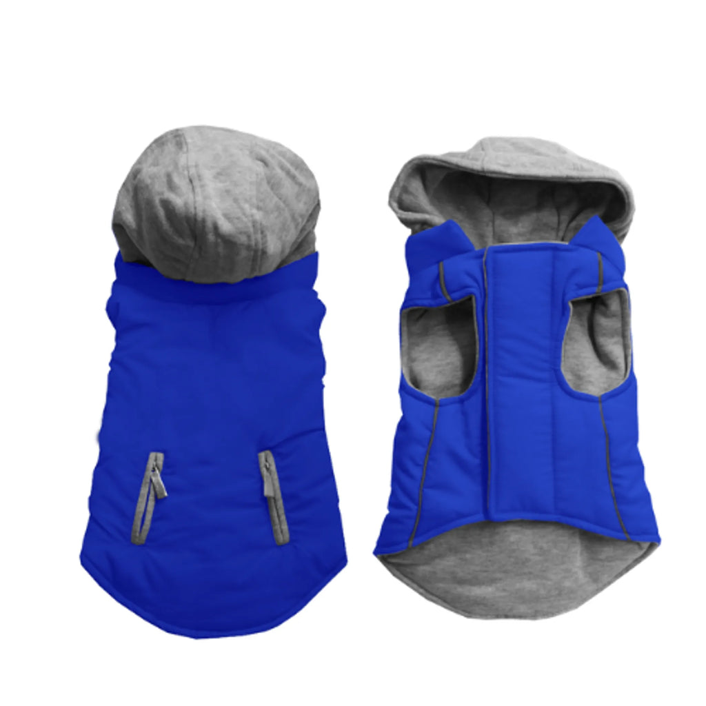 Blue and gray dog coat with hood 