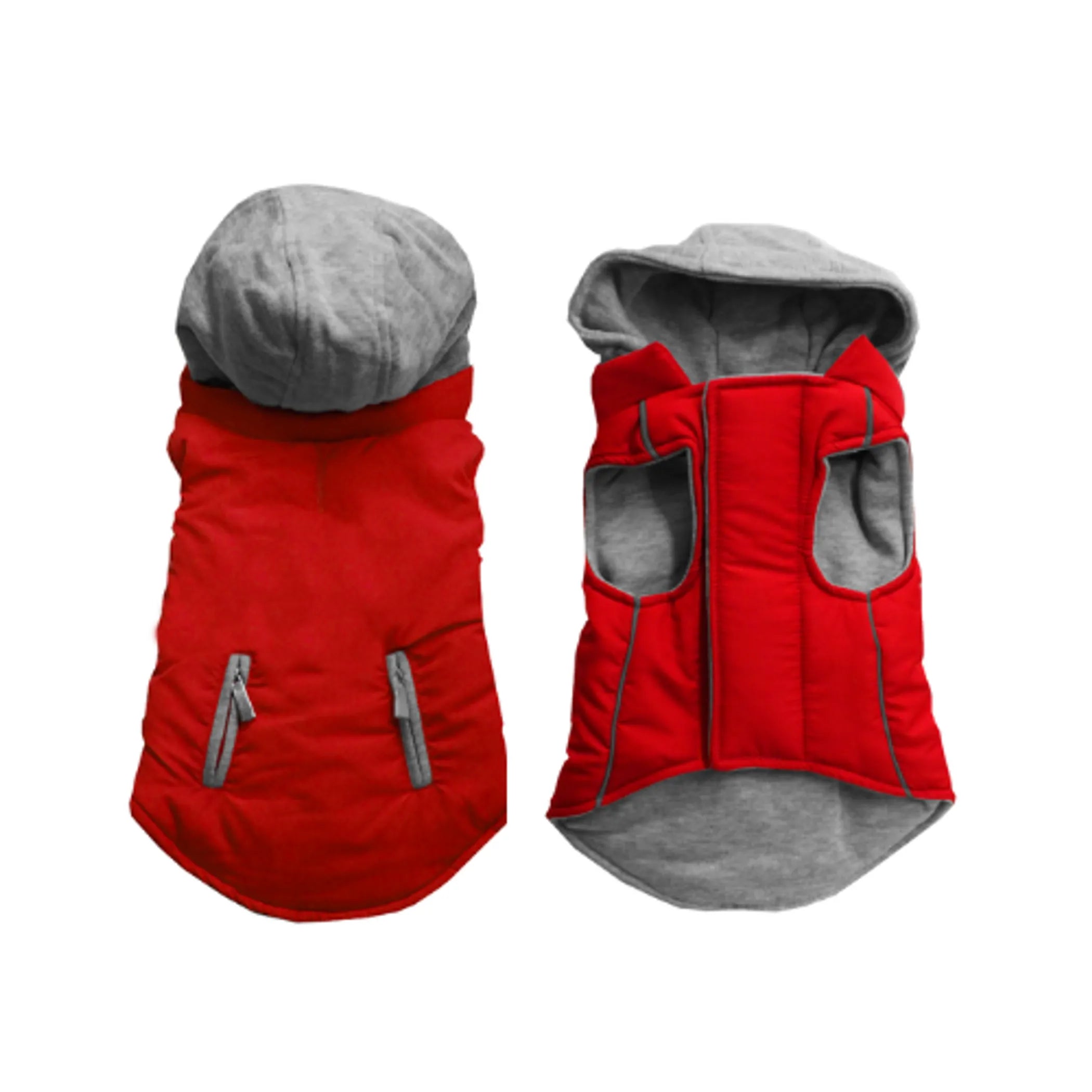 Red dog coat with gray lining and hood