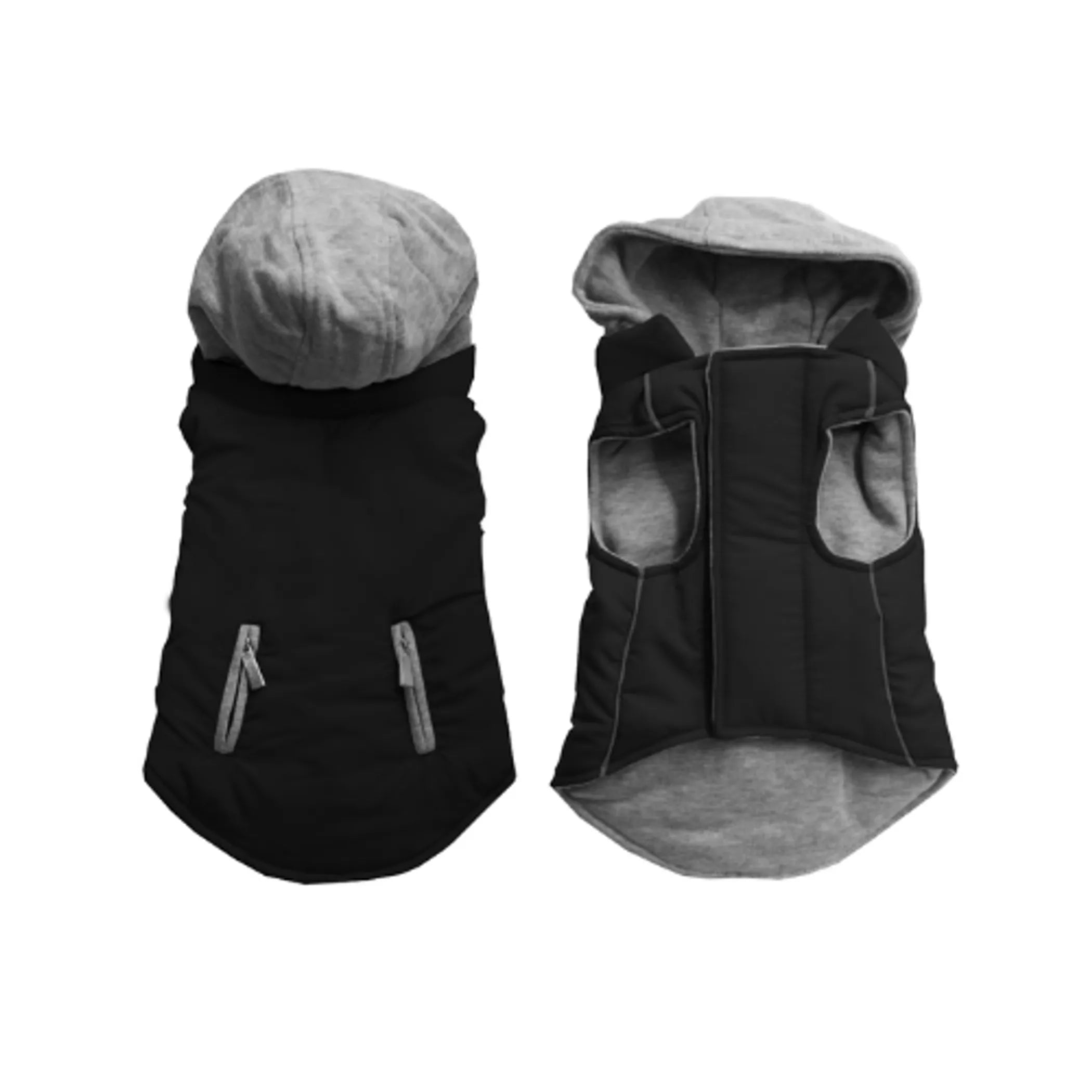 Black dog coat with gray lining and hood