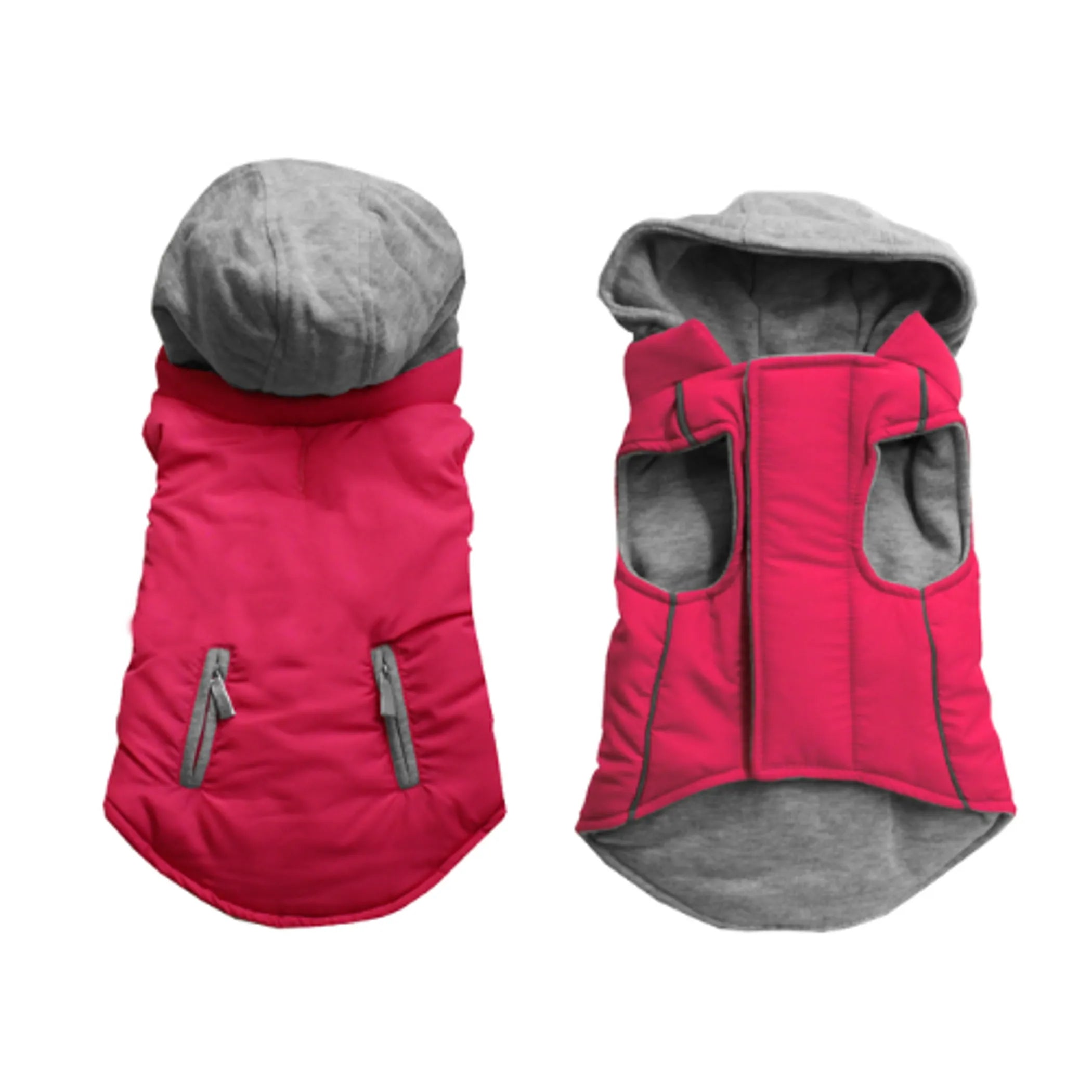 Pink dog coat with gray lining and hood