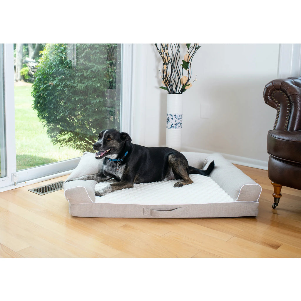 Dog lying on a large orthopedic pet bed in a room with wooden flooring 