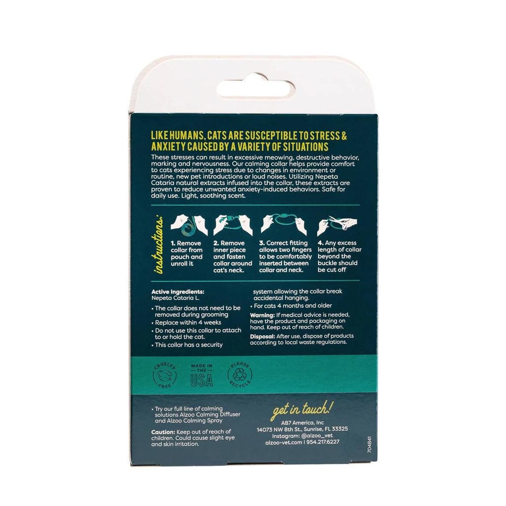 Alzoo Calming Collar for cats packaging - rear, with ingredient list and instructions