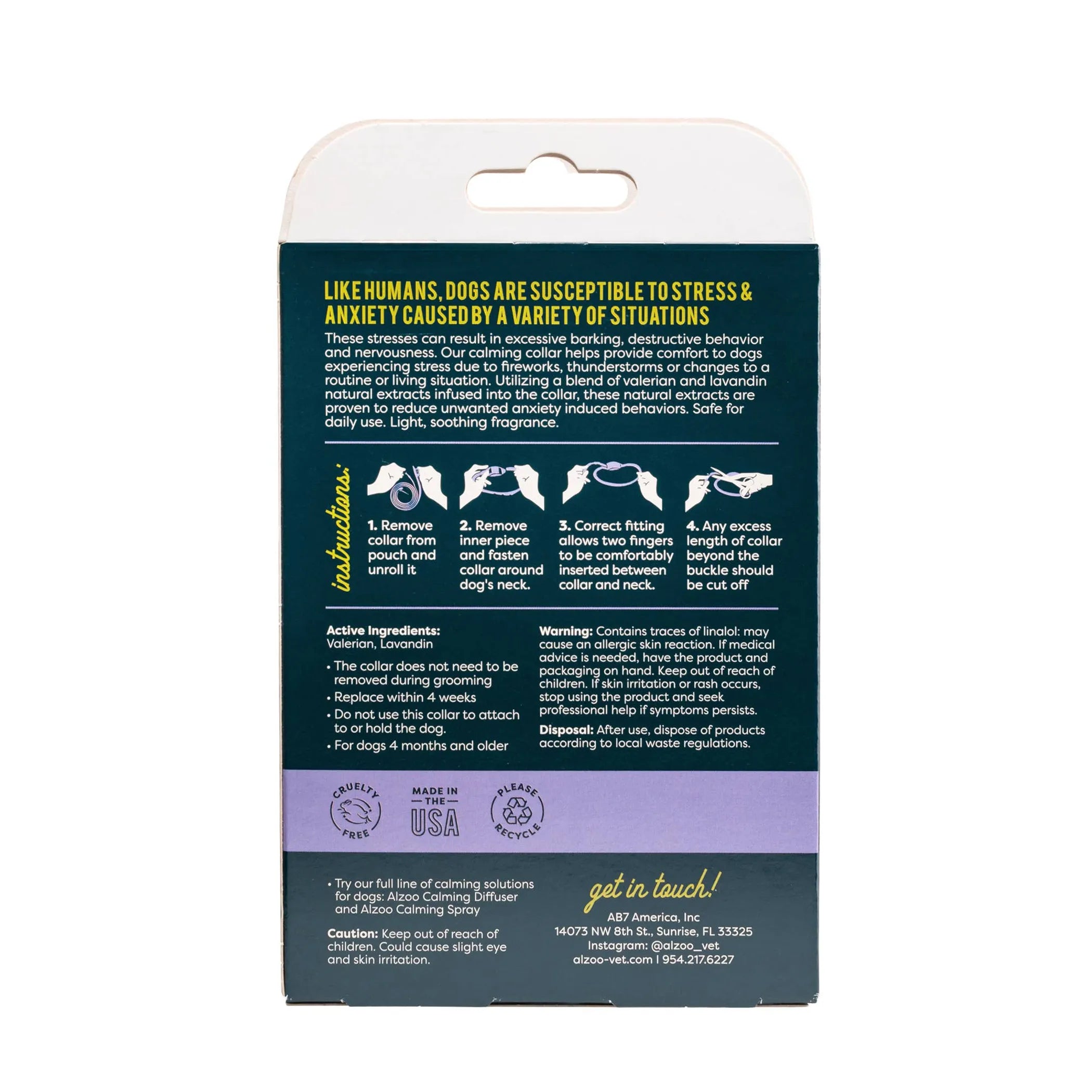 Product packaging for Alzoo calming collar for dogs with text and illustrations  - rear