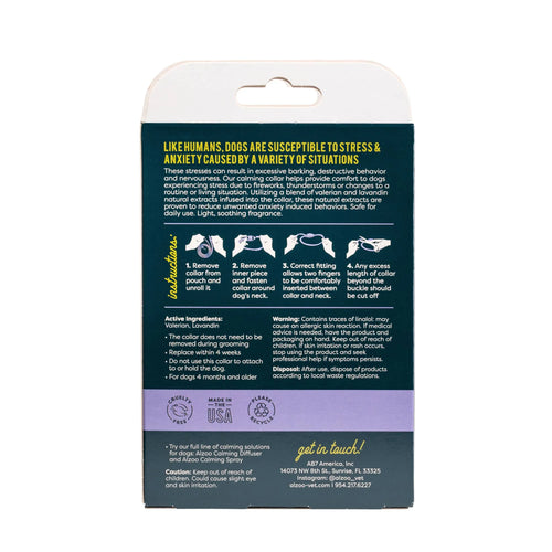Product packaging for Alzoo calming collar for dogs with text and illustrations  - rear