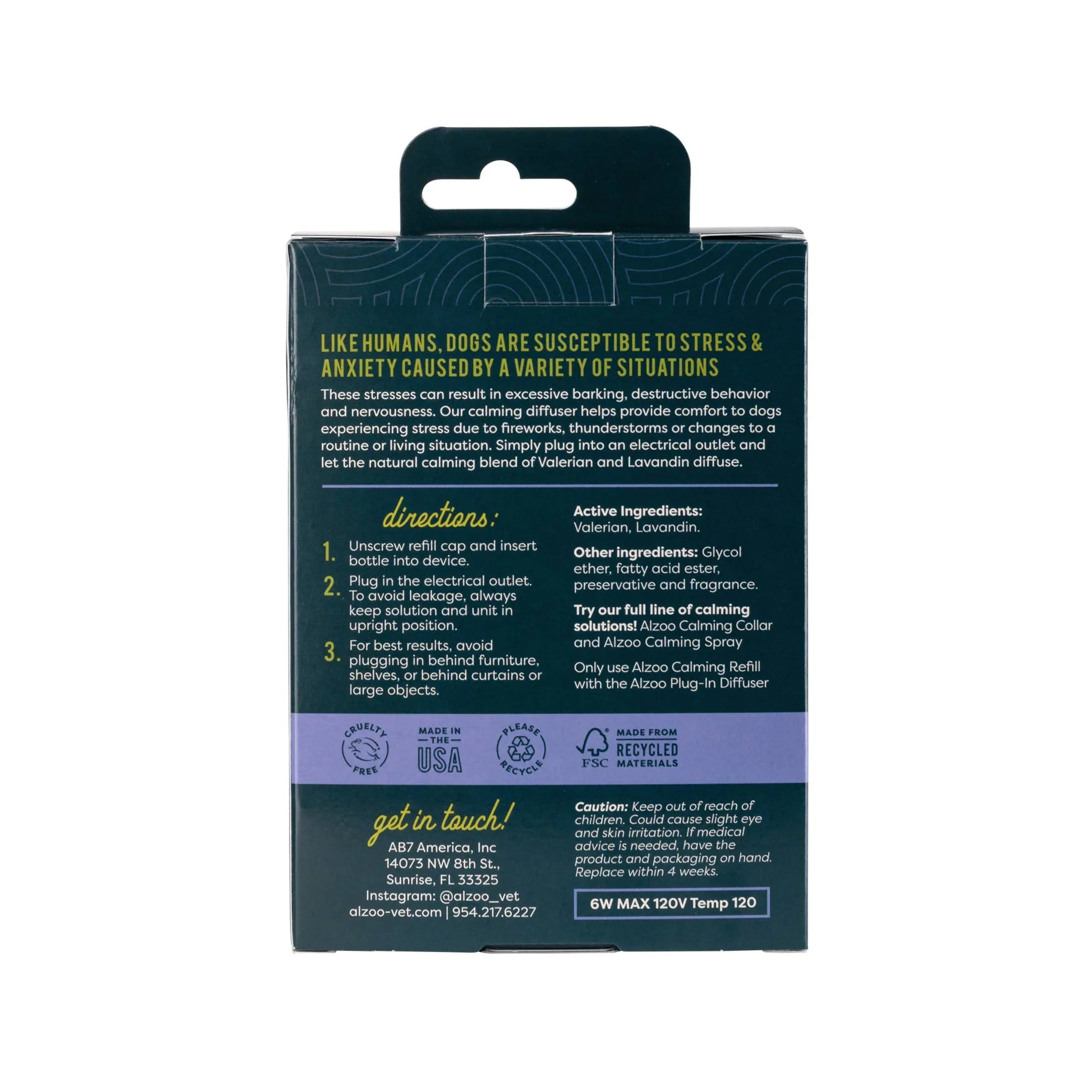 Alzoo calming diffuser kit for dogs rear of package with ingredients and directions for use