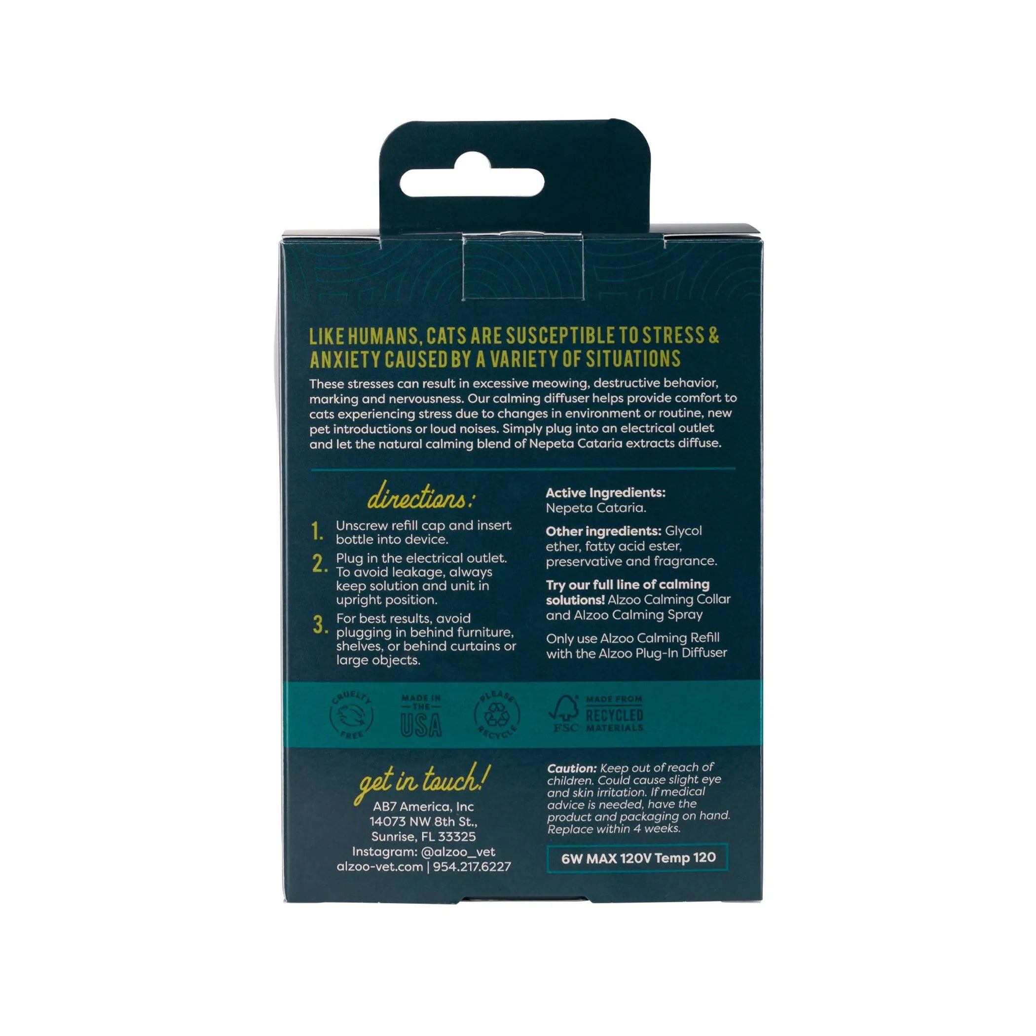 Rear of package for Alzoo calming diffuser kit for cats with ingredients and directions