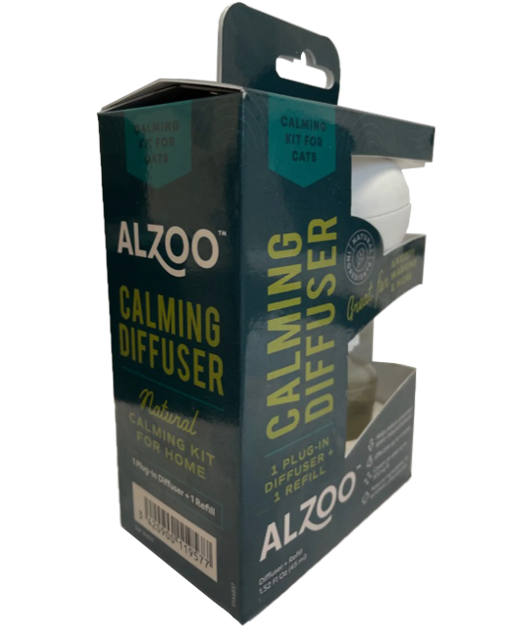 Side of package for Alzoo calming diffuser kit for cats 