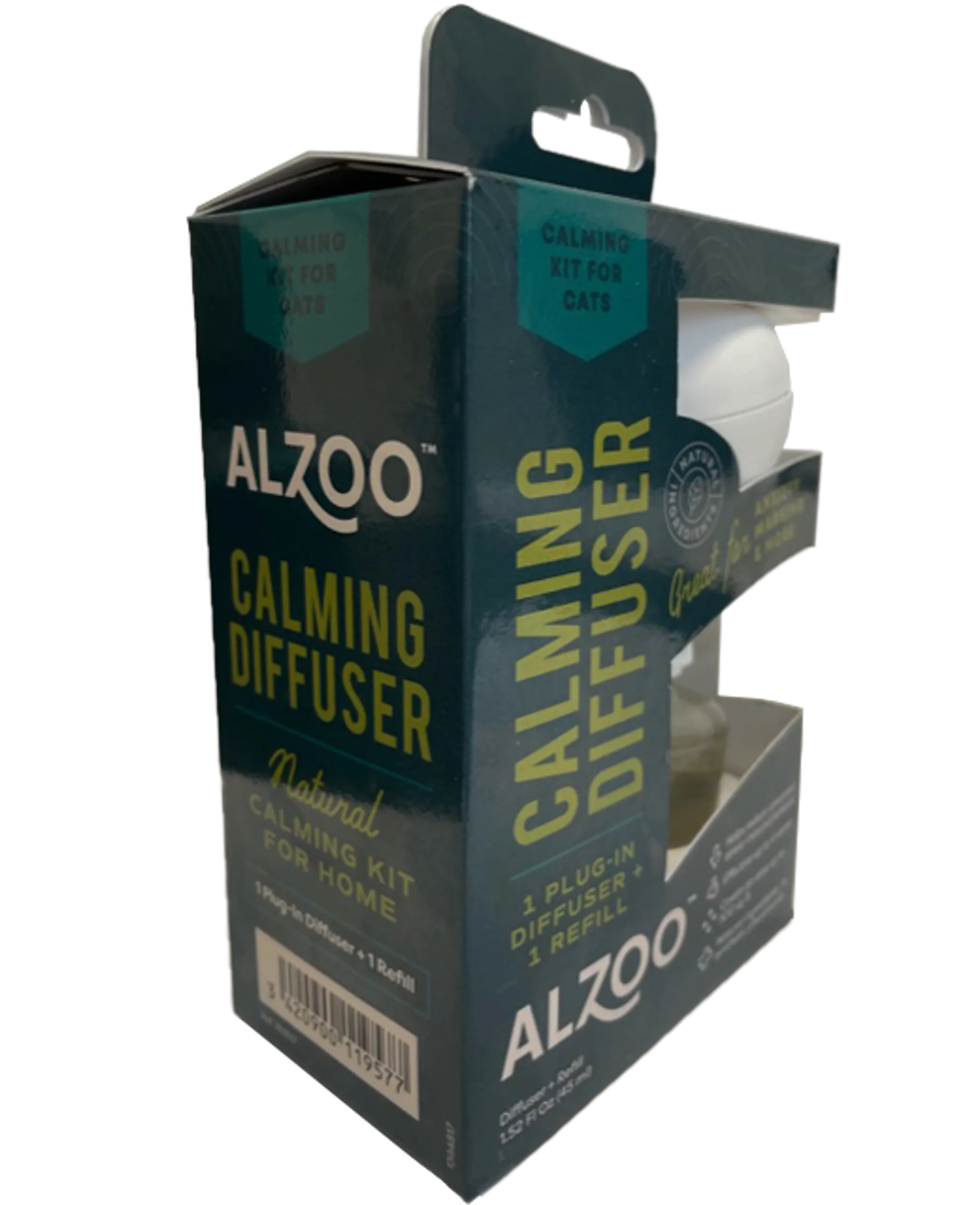 Side of package for Alzoo calming diffuser kit for cats 