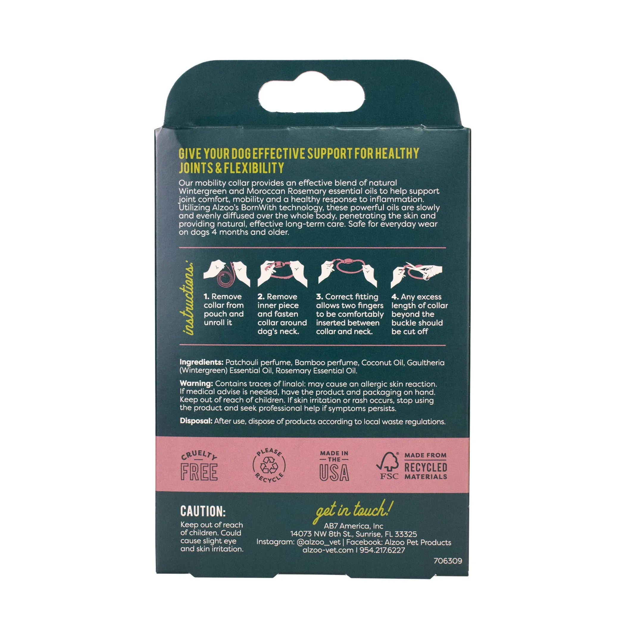 Back of Alzoo dog mobility collar package with instructions 
