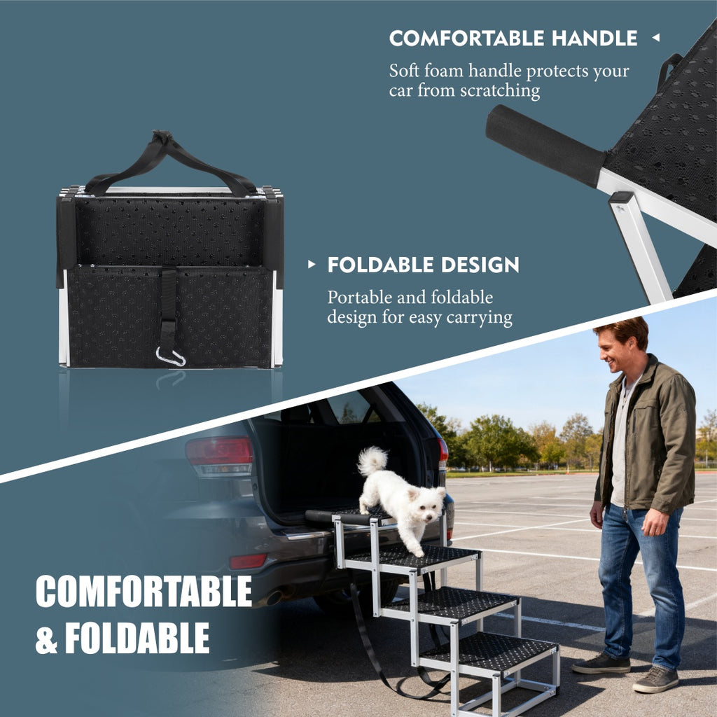 Pet step with comfortable handle and foldable design, shown with a car and person.