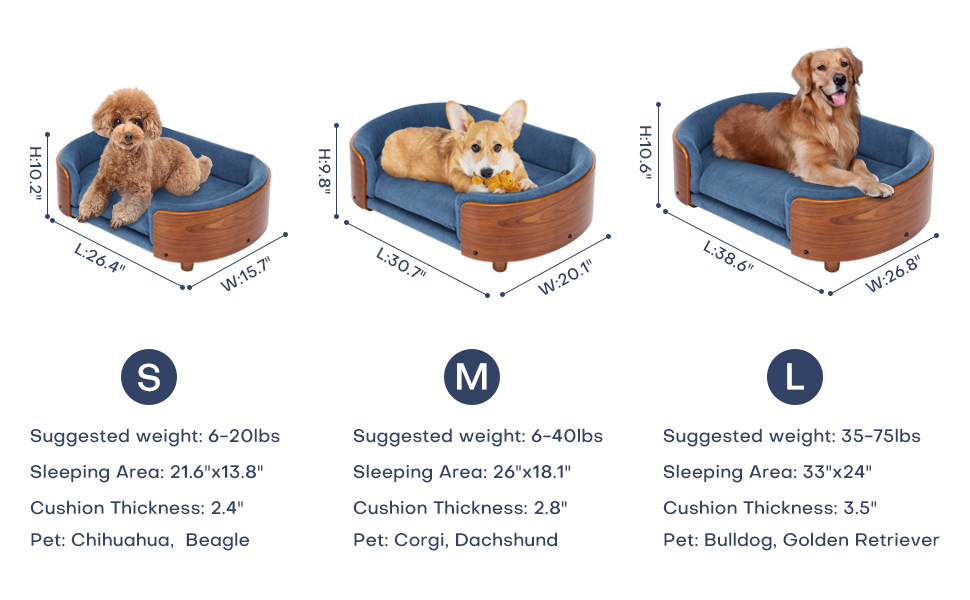 Scandinavian style Elevated Pet Sofa With Solid Wood legs and Wood Back, Multiple colors, Large Size