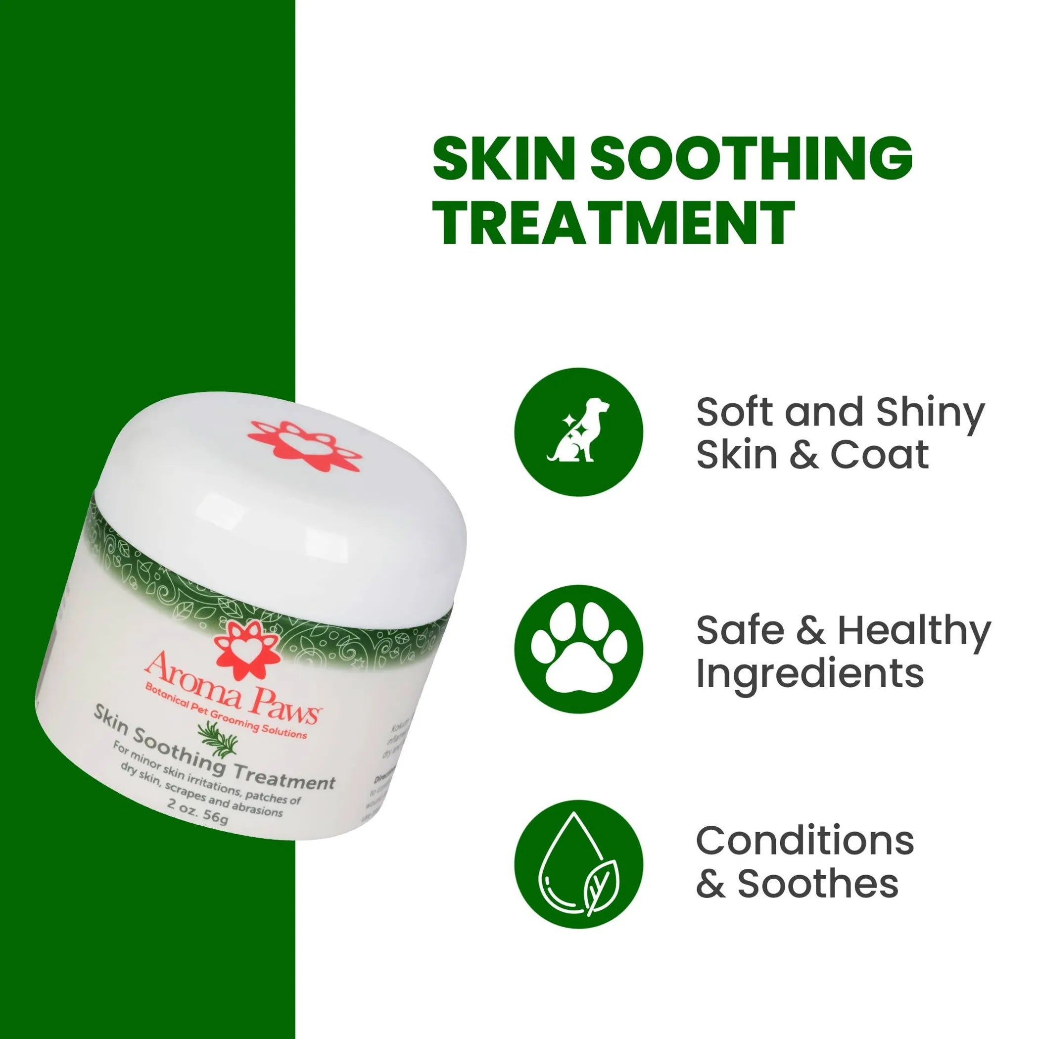 Aroma Paws skin soothing treatment jar with benefits listed