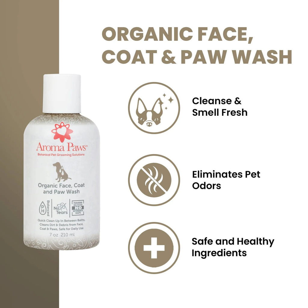 Aroma Paws organic face, coat, and paw wash bottle with product features 
