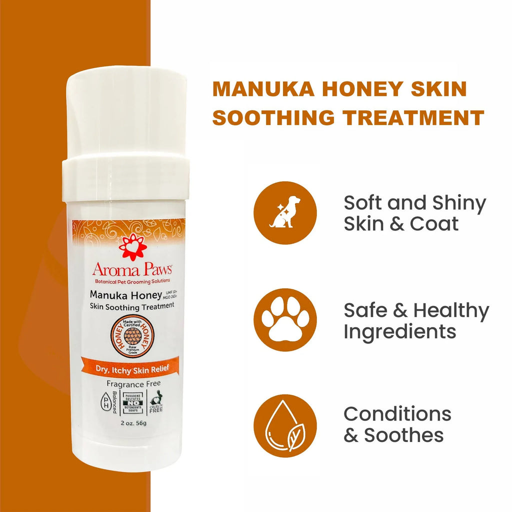 Aroma Paws Manuka Honey skin soothing treatment bottle with features listed