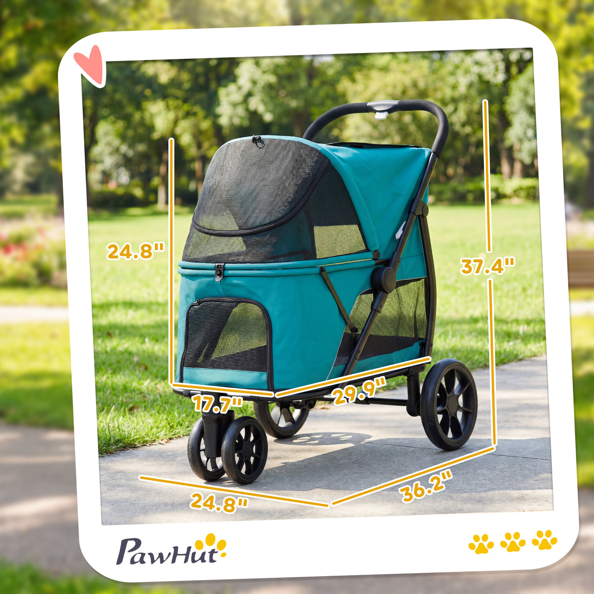 3 Wheel Pet Stroller with Easy One-Click Quick Fold - Gray or Green