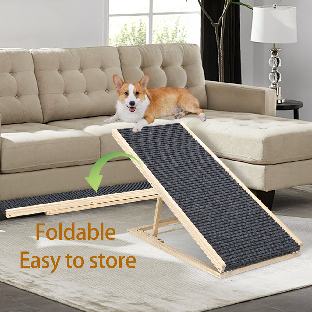 Foldable pet ramp with a dog on a couch, text 'Foldable Easy to store' displayed and ramp shown pushed under couch