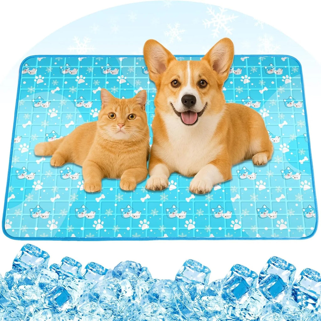 cat and dog on cooling pad, surrounded by ice cubes.