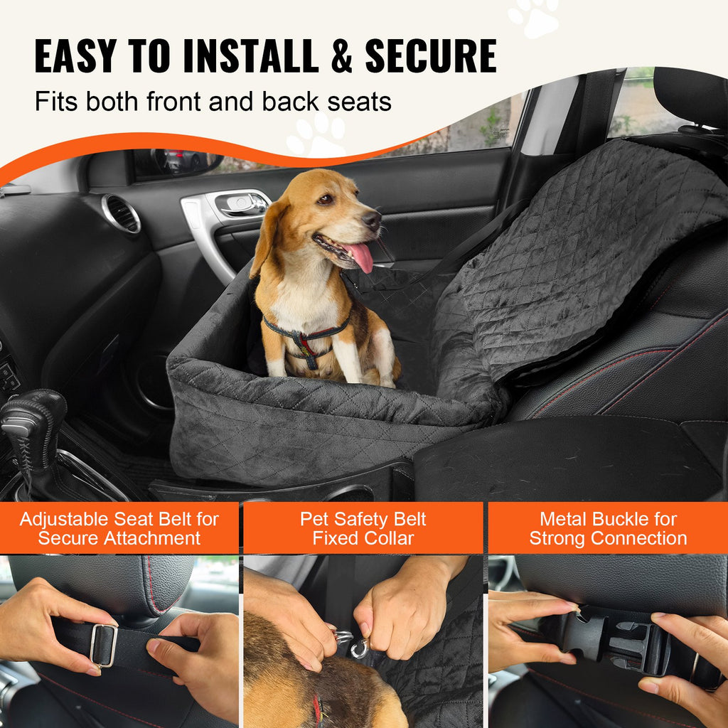 Dog car seat with safety features and a dog inside, in front seat of car