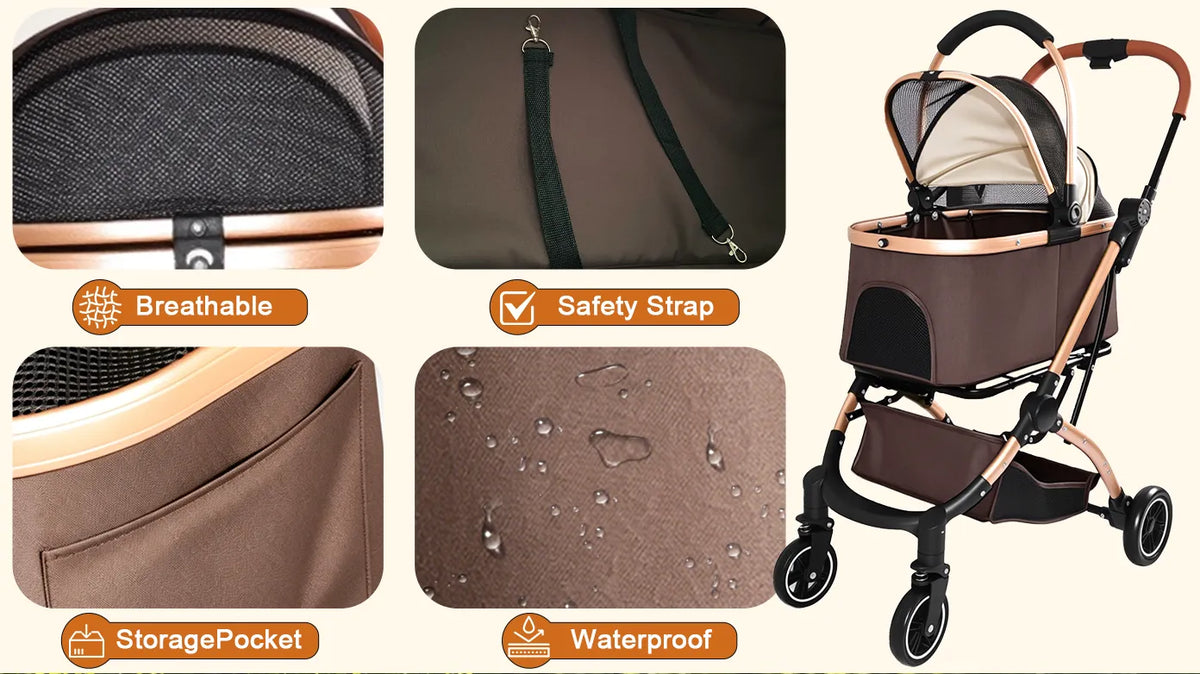 Foldable 4 Wheel Pet Stroller. Quick One-Hand Fold, Detachable Carry Basket (Brown or Black)