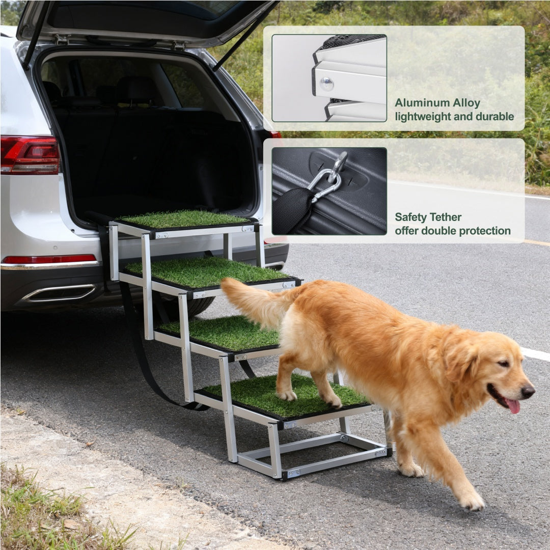 Dog using a set of pet steps to enter a car, with safety tether and material details shown.