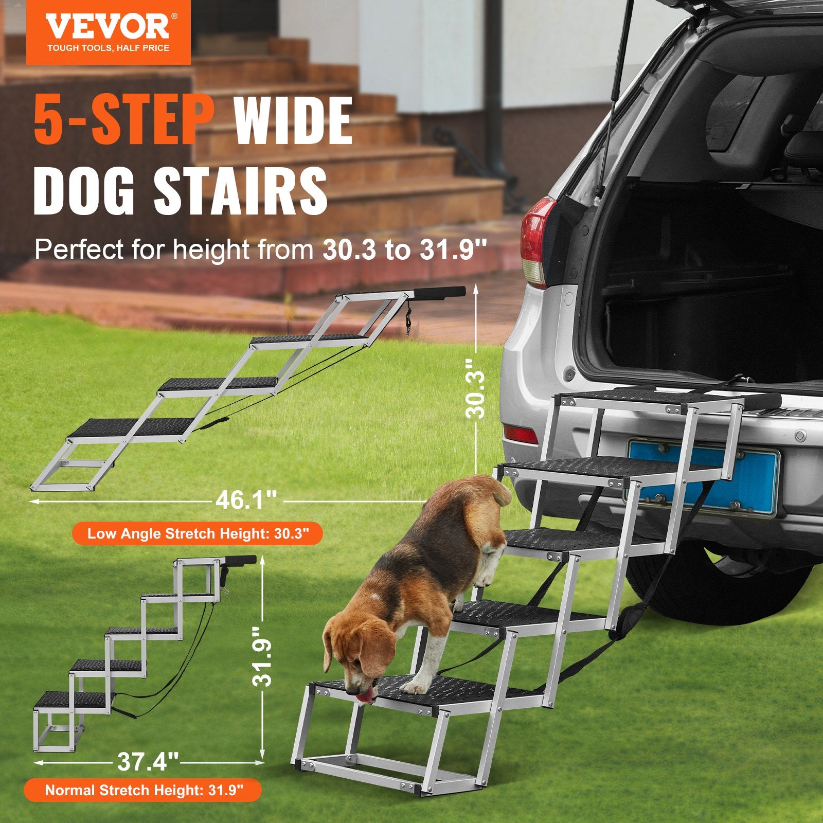 Vevor 5-step wide dog stairs with a dog using them, attached to an open car trunk.