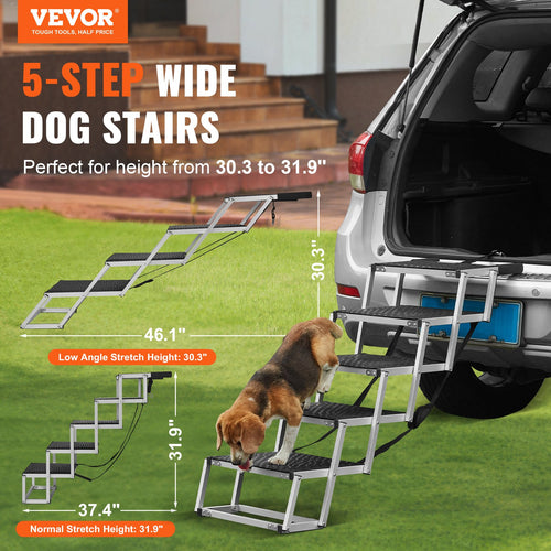 Vevor 5-step wide dog stairs with a dog using them, attached to an open car trunk.