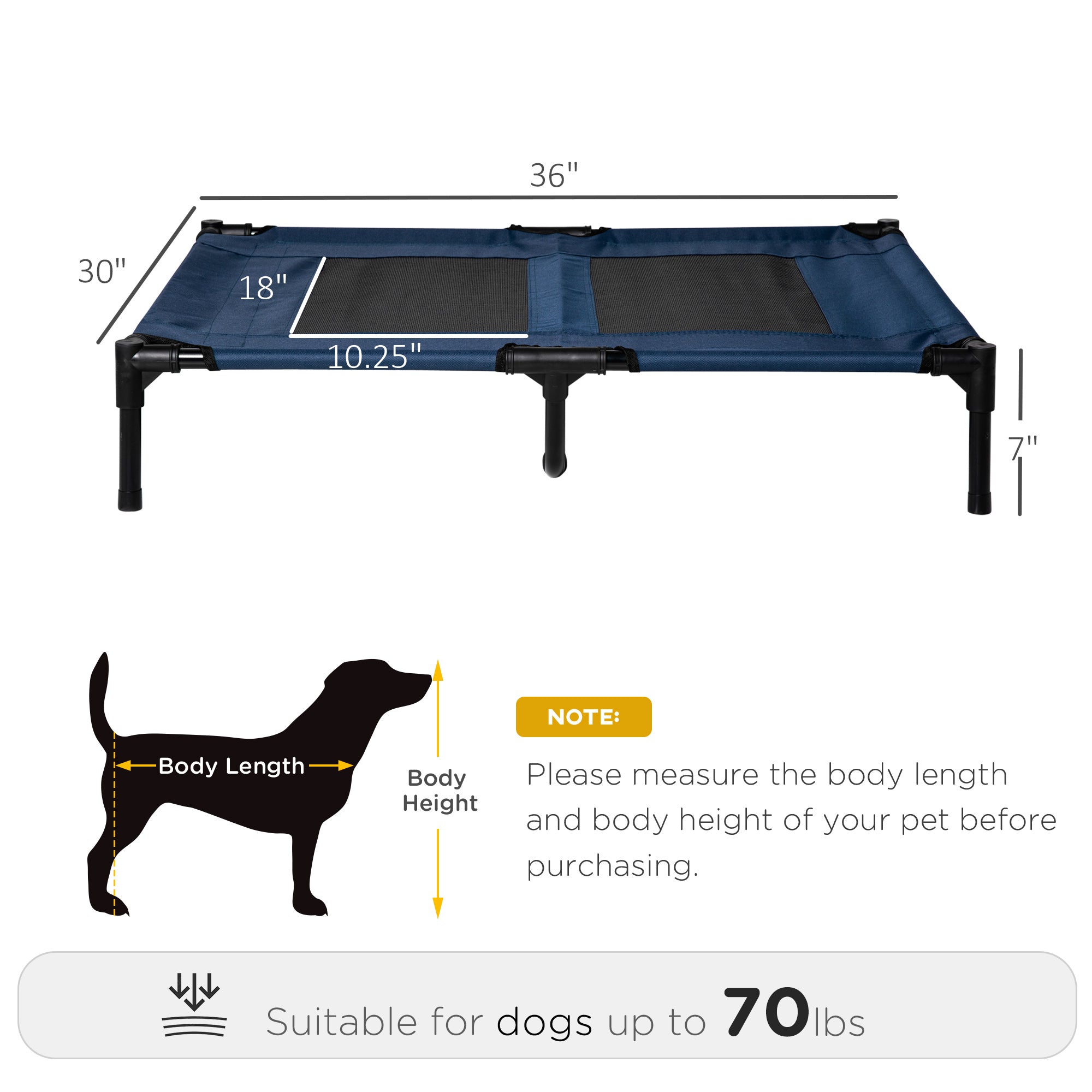 Measurement chart for a raised pet bed with dimensions and a silhouette of a dog for size reference.
