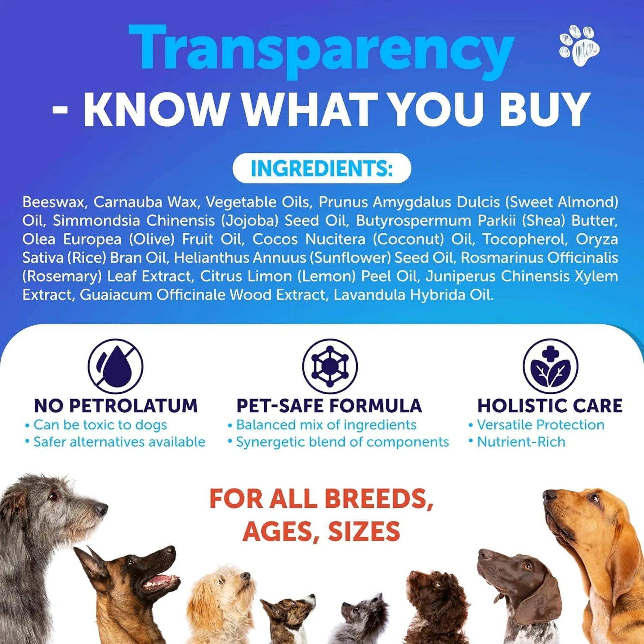 Product label for dog paw balm with ingredients list, pet-safe formula, holistic care, and images of dogs.