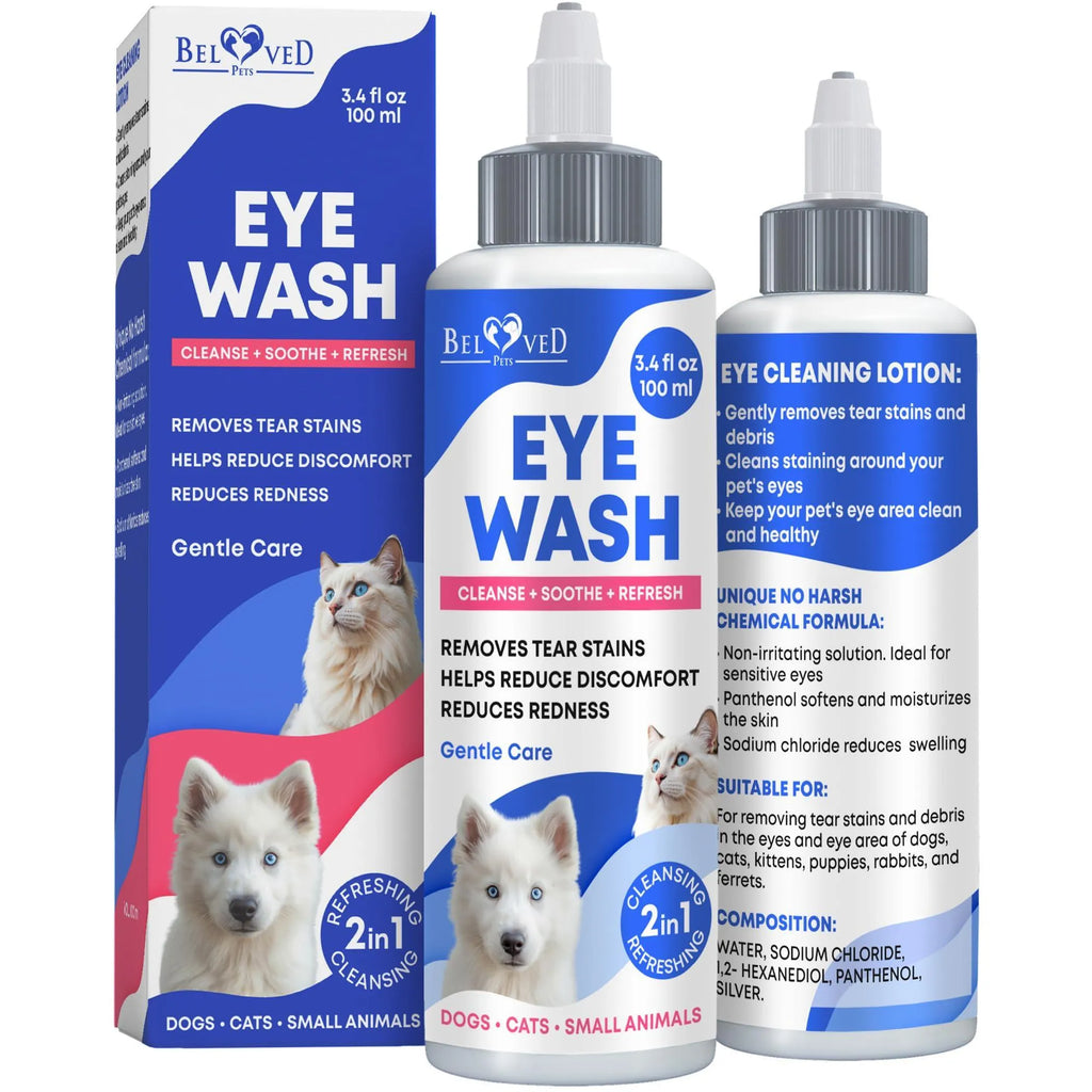 Beloved Pets eye wash and cleaning lotion for dogs, cats, and small animals in a 3.4 fl oz bottle front and rear views