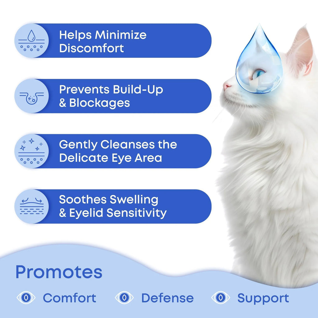 White cat with a blue droplet over its eye with text about eye care benefits