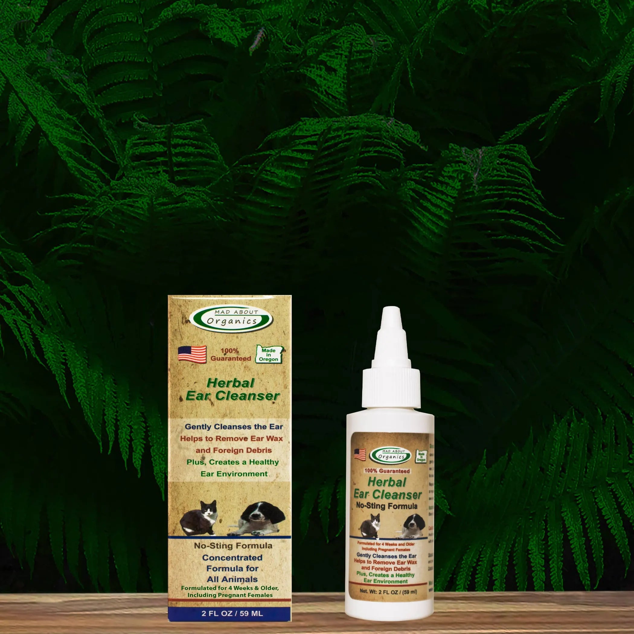 Herbal ear cleanser packaging and 2 fl oz. bottle