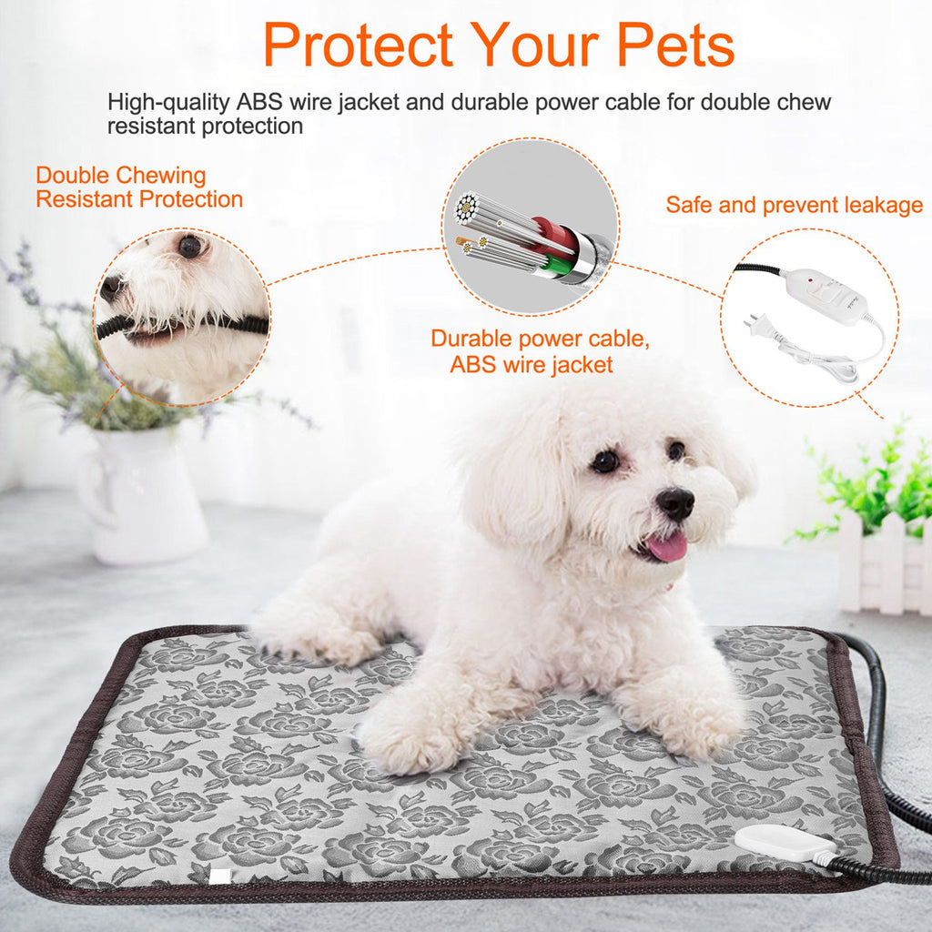 Small dog lying on a heating pad with text about pet protection features