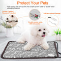 Small dog lying on a heating pad with text about pet protection features