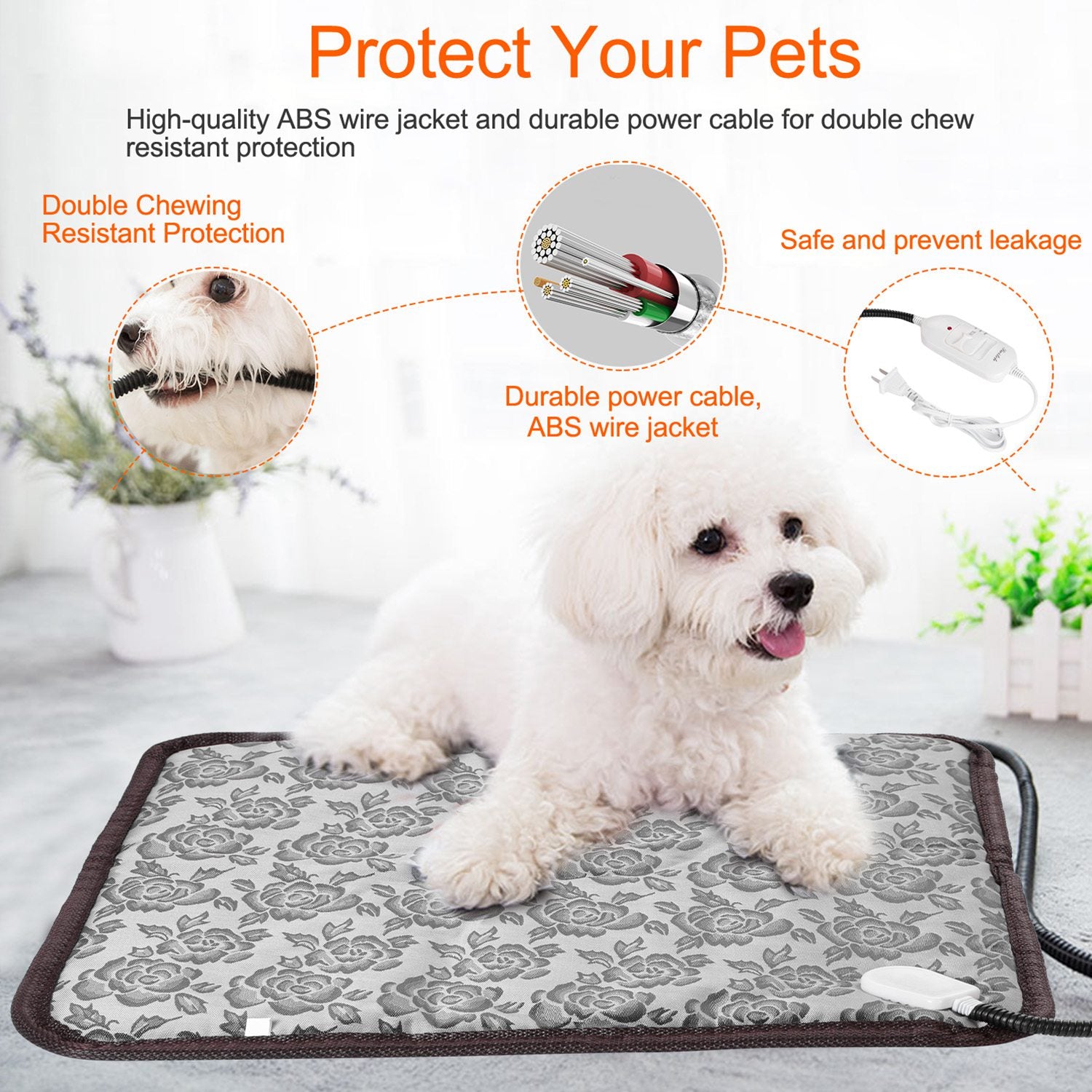 Small dog lying on a heating pad with text about pet protection features