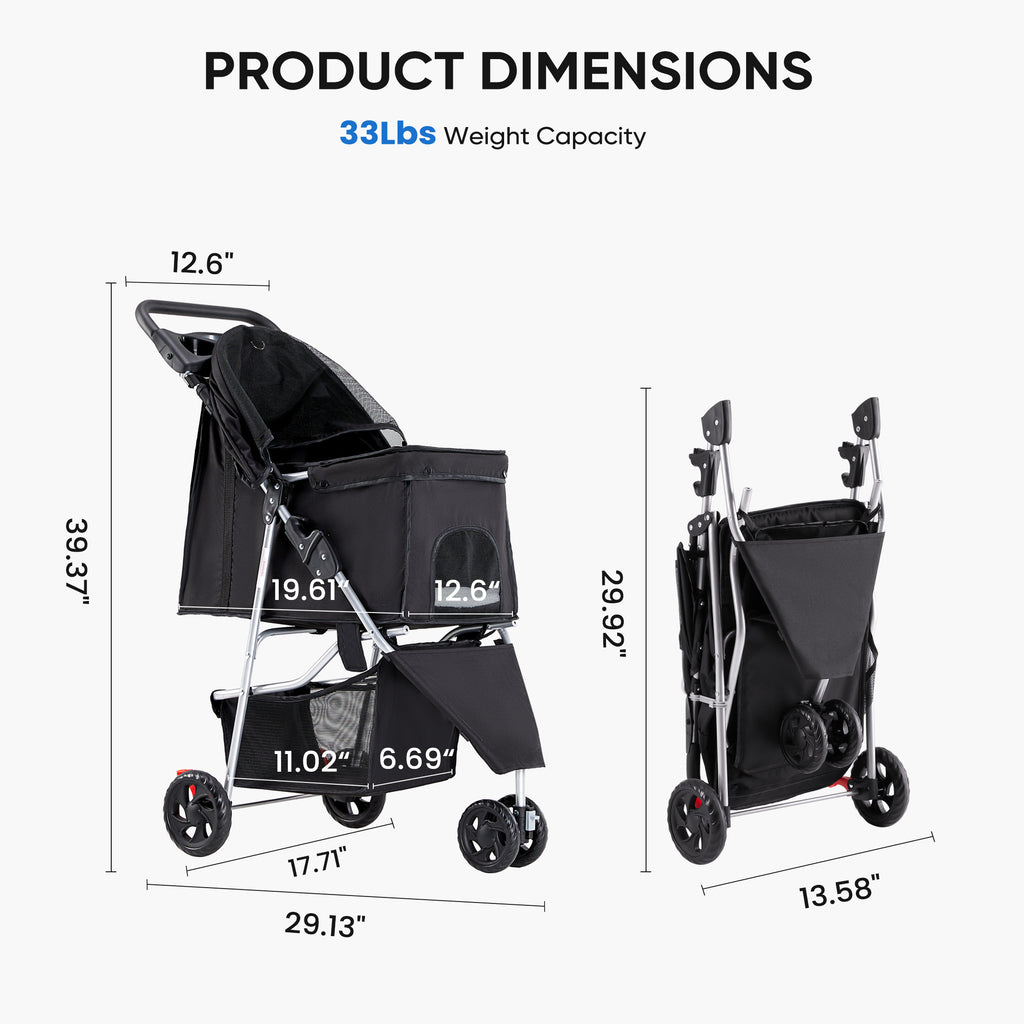 Dimensions and weight capacity of a black pet stroller - upright and folded