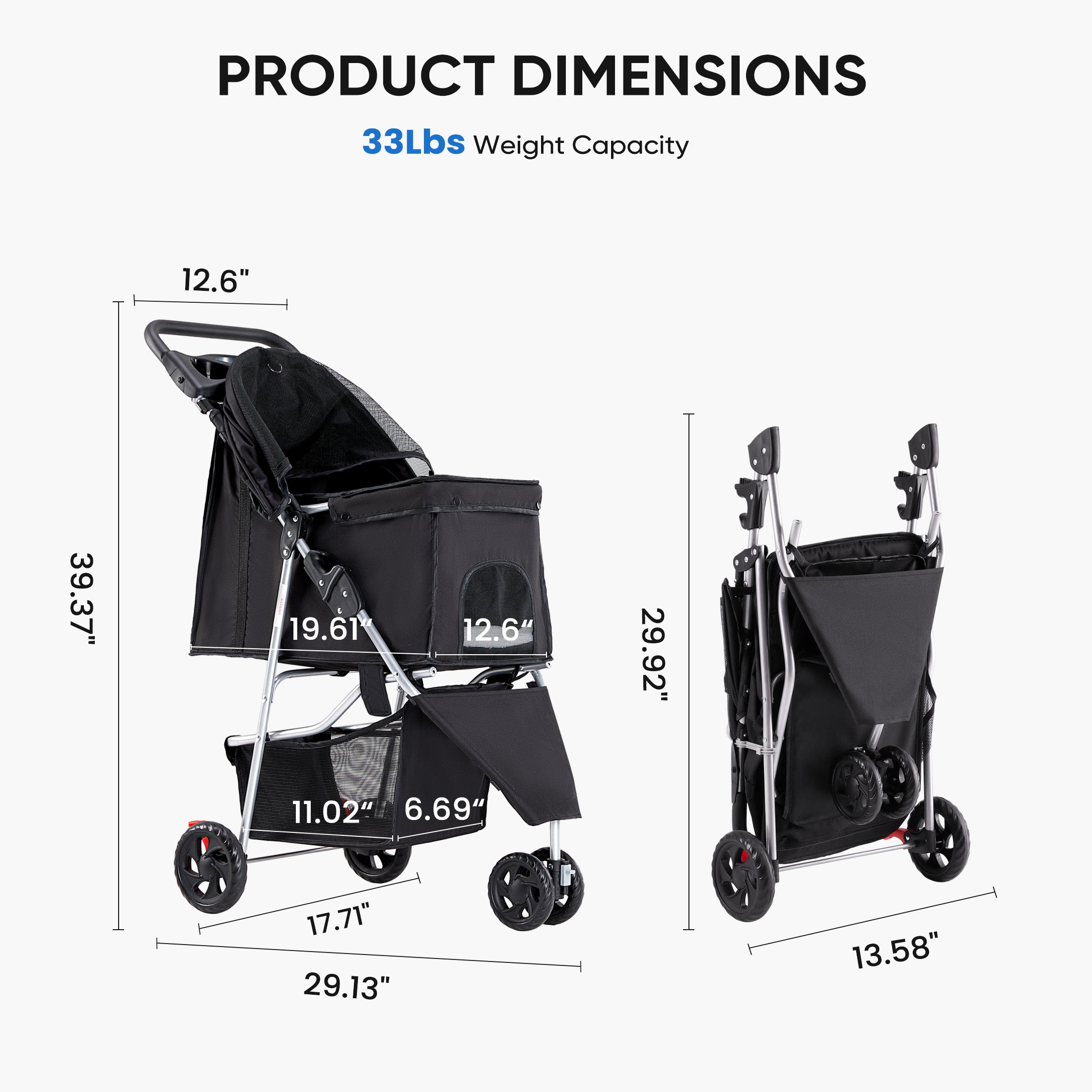 Dimensions and weight capacity of a black pet stroller - upright and folded