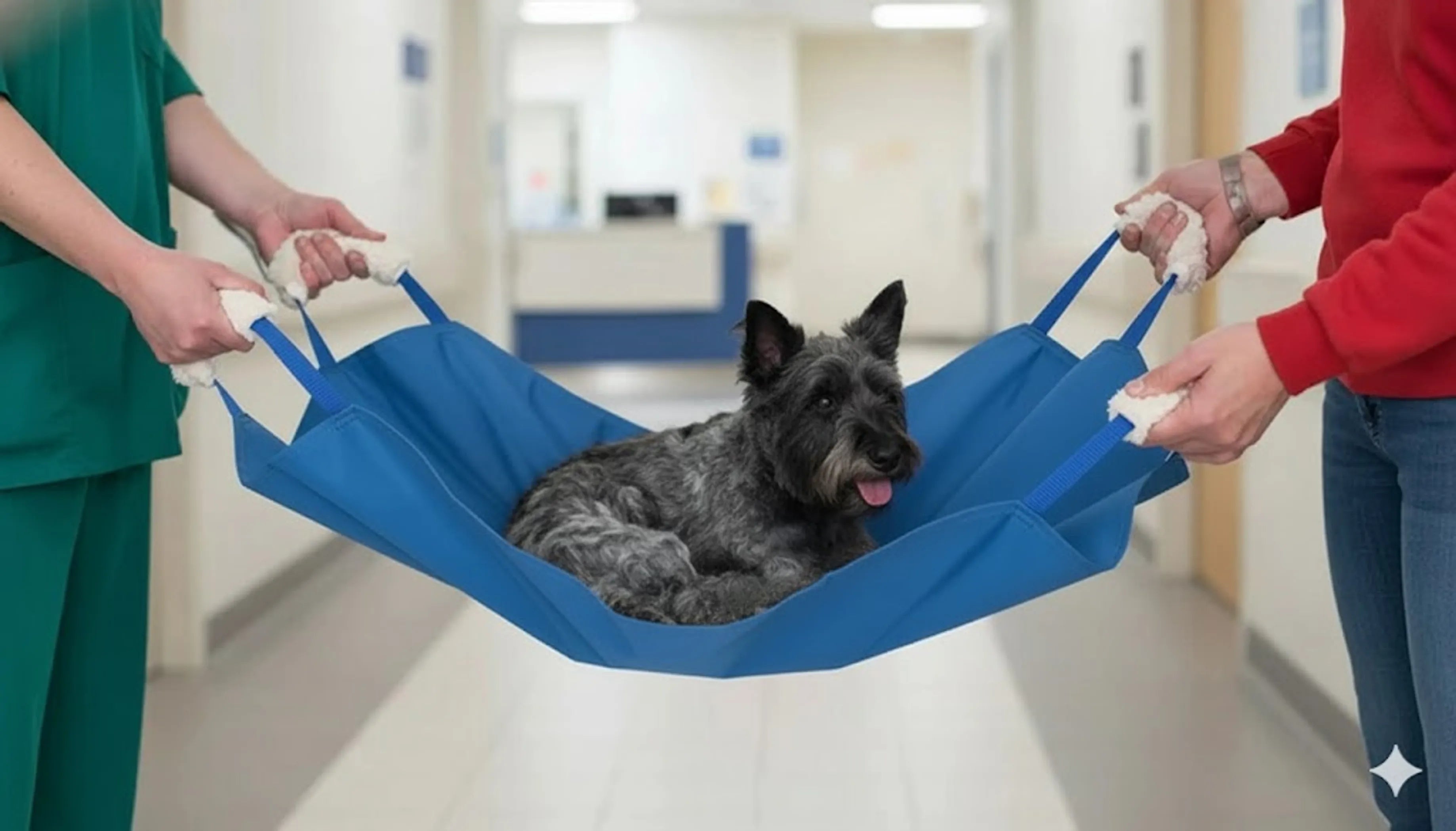 Dog in a blue pet stretcher held by two people in a hospital setting