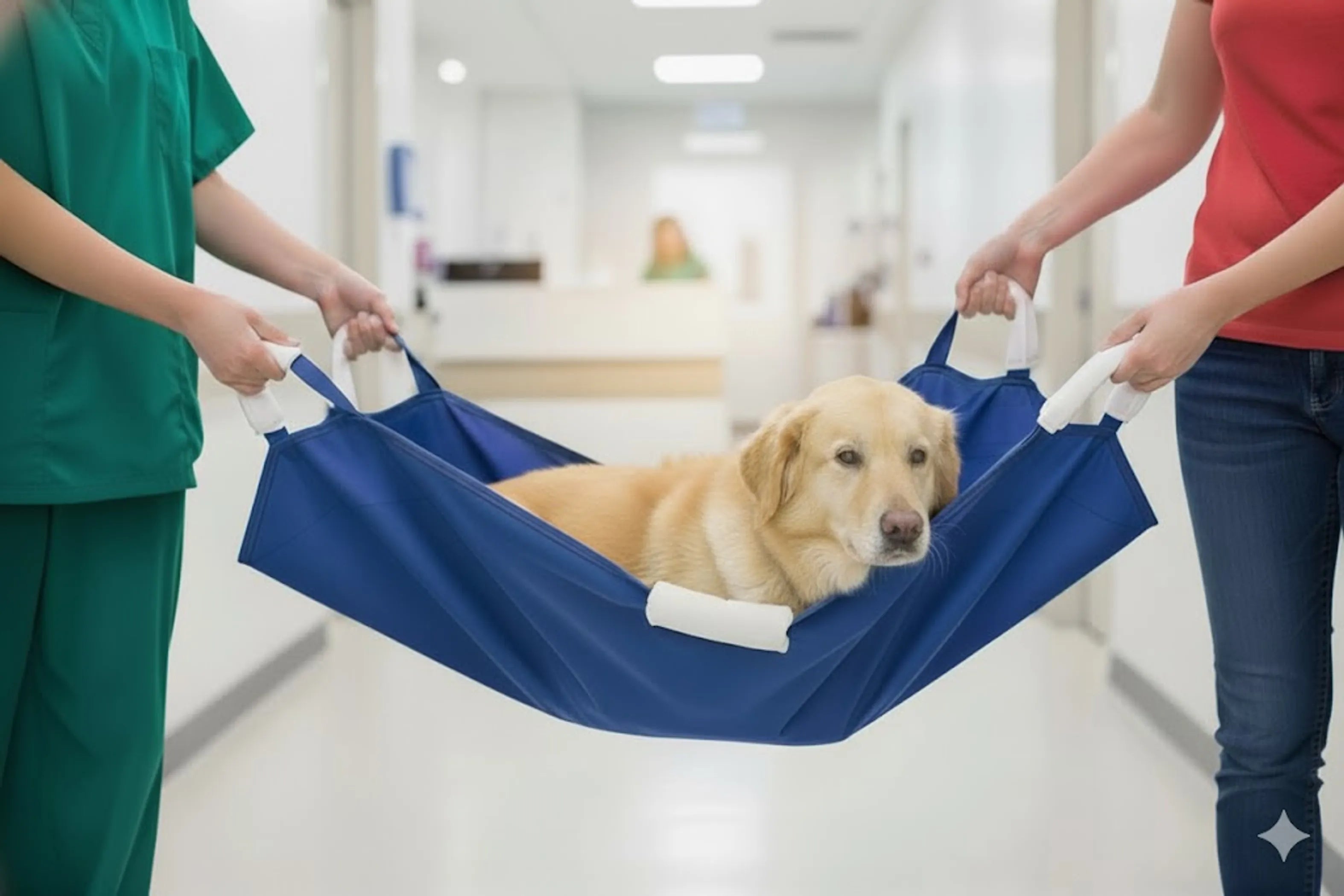Dog in a blue pet carrier being held by two people in a hospital setting