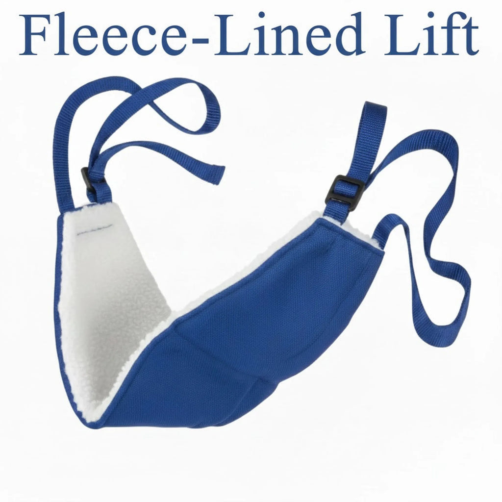 Blue and white fleece-lined lift with straps