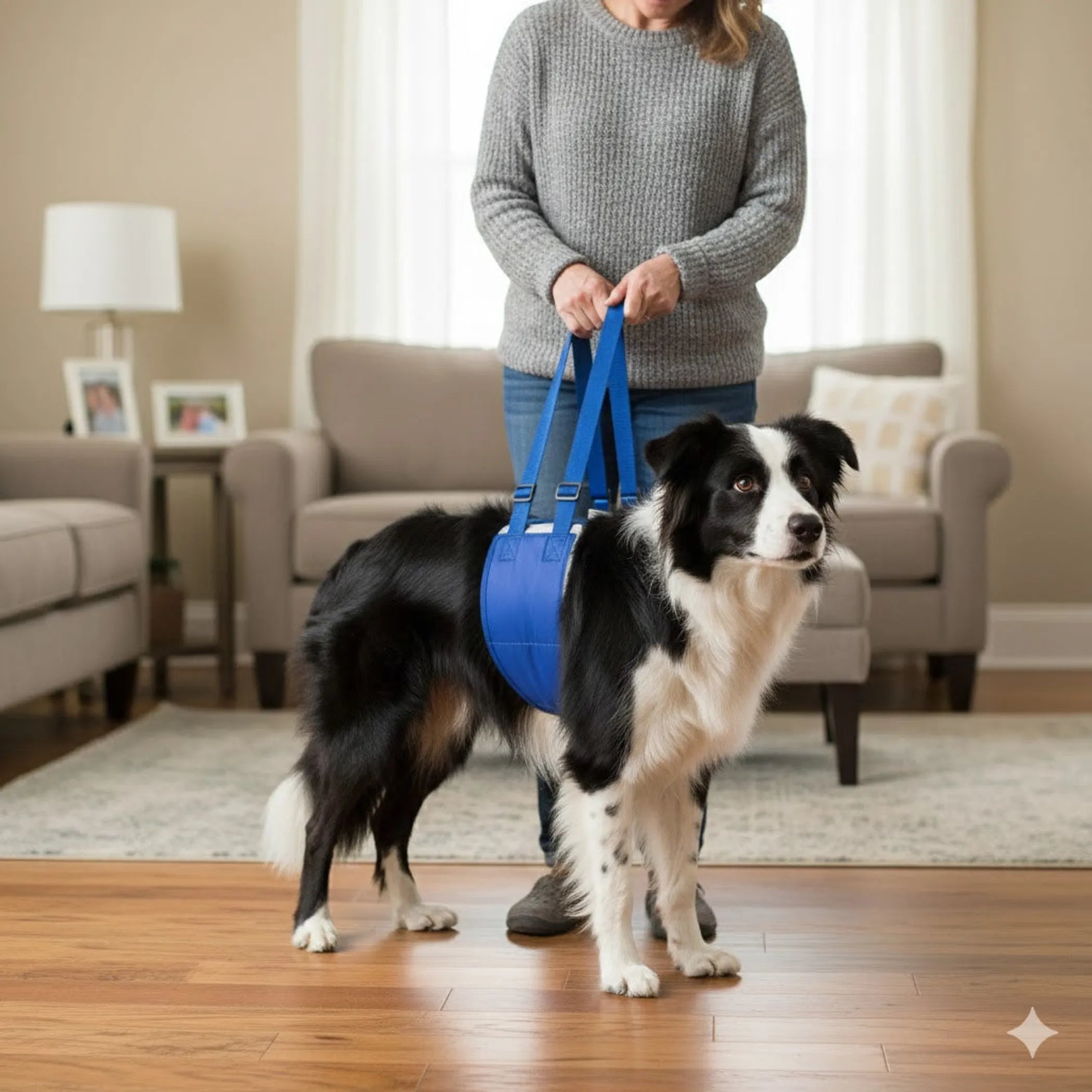 Dog wearing a blue harness held by a person in a living room.