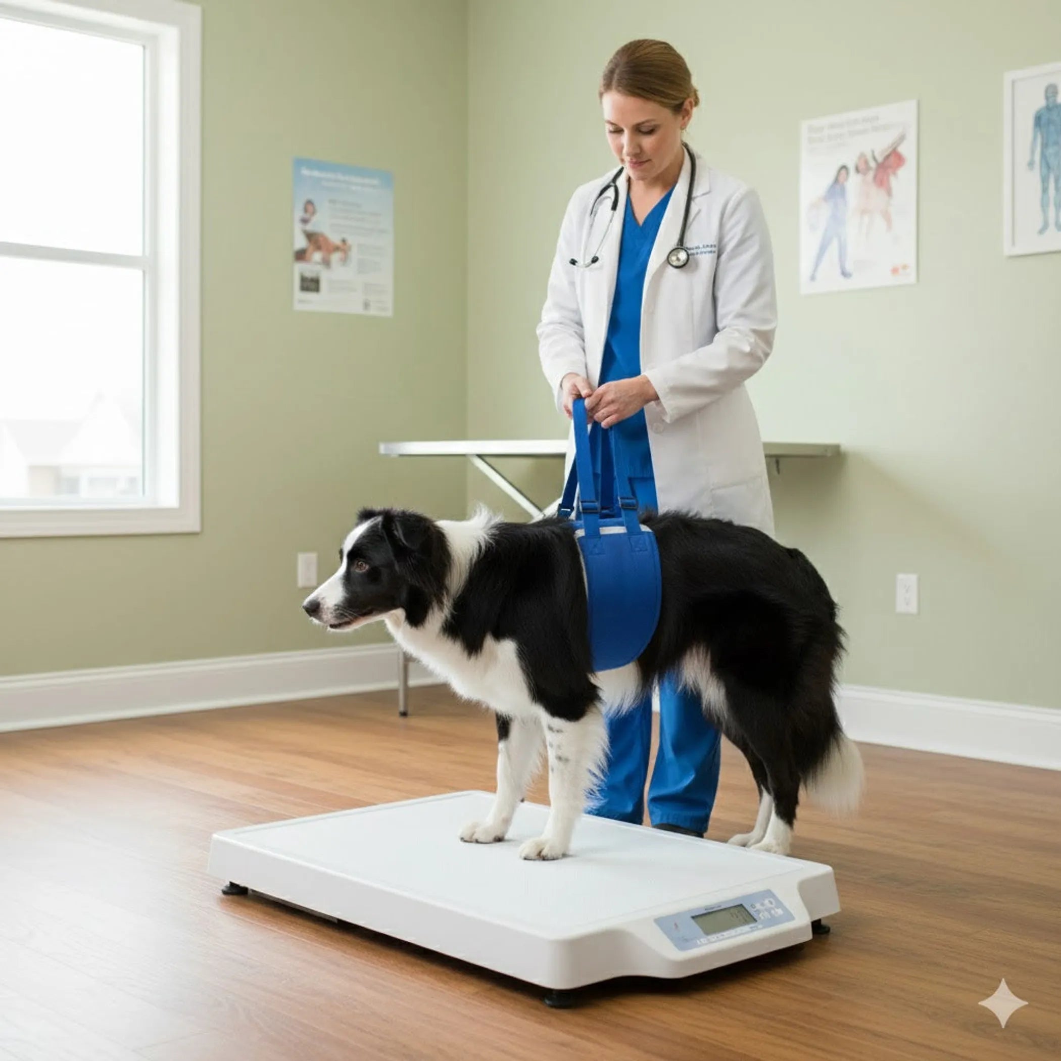 A black and white dog stands on a white veterinary scale in a clinic while a veterinarian in a white coat and blue scrubs holds the straps of a blue lift the dog is wearing