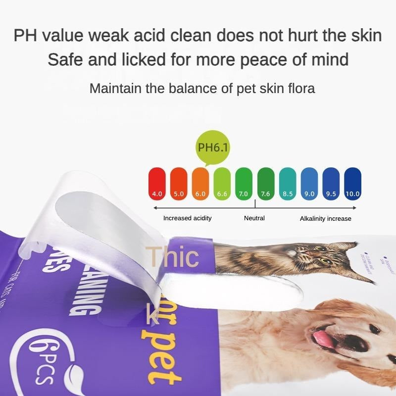 Product packaging for pet cleaning gloves with a pH scale and images of dogs and cats, emphasizing pet care.