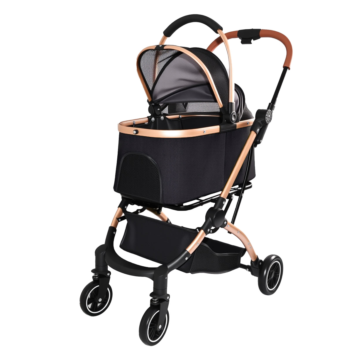 Foldable 4 Wheel Pet Stroller. Quick One-Hand Fold, Detachable Carry Basket (Brown or Black)