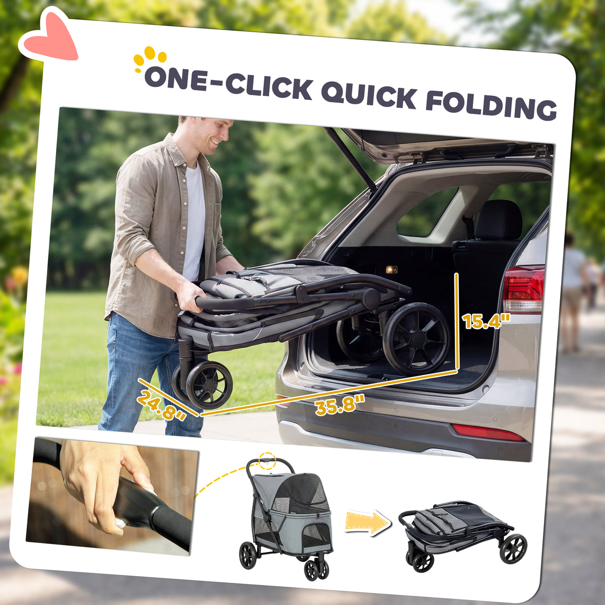 3 Wheel Pet Stroller with Easy One-Click Quick Fold - Gray or Green