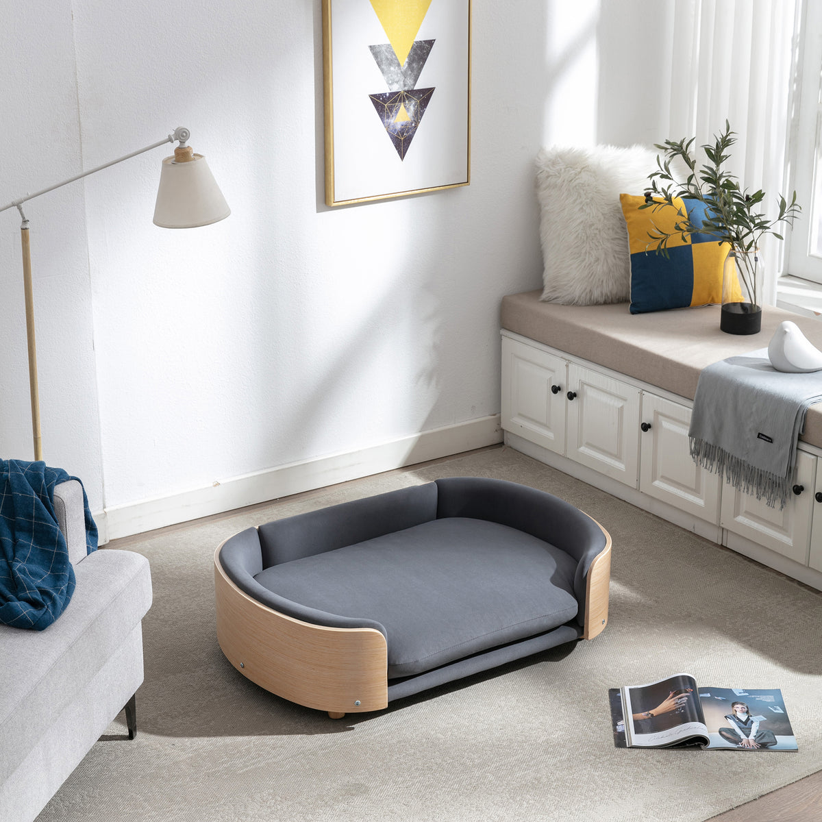 Scandinavian style Elevated Pet Sofa With Solid Wood legs and Wood Back, Multiple colors, Large Size