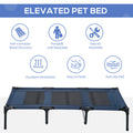 blue and black Elevated pet bed with features listed