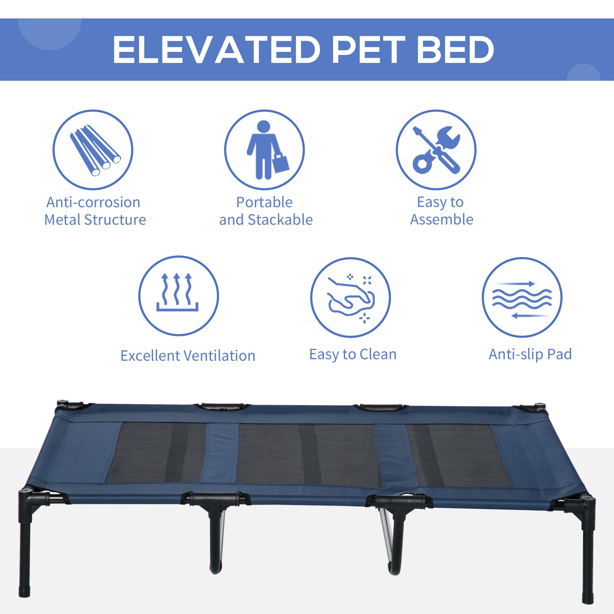 blue and black Elevated pet bed with features listed