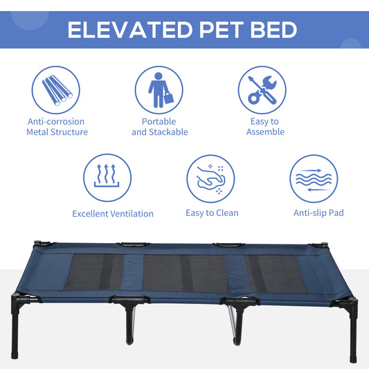 blue and black Elevated pet bed with features listed