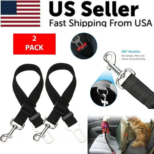 Dog car seat belt with 360-degree rotation feature, shown in use on a car seat, with 'US Seller' and 'Fast Shipping From USA' text.